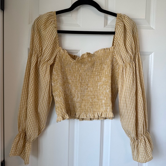 Urban Outfitters Yellow Ruffled Ruche Crop Top Smocked Long Sleeve Checkered S - Picture 3 of 14